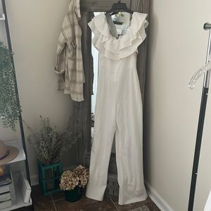 NWT. Catherine Malanadrino.  Off the Shoulder. Size 10. White Jumpsuit.